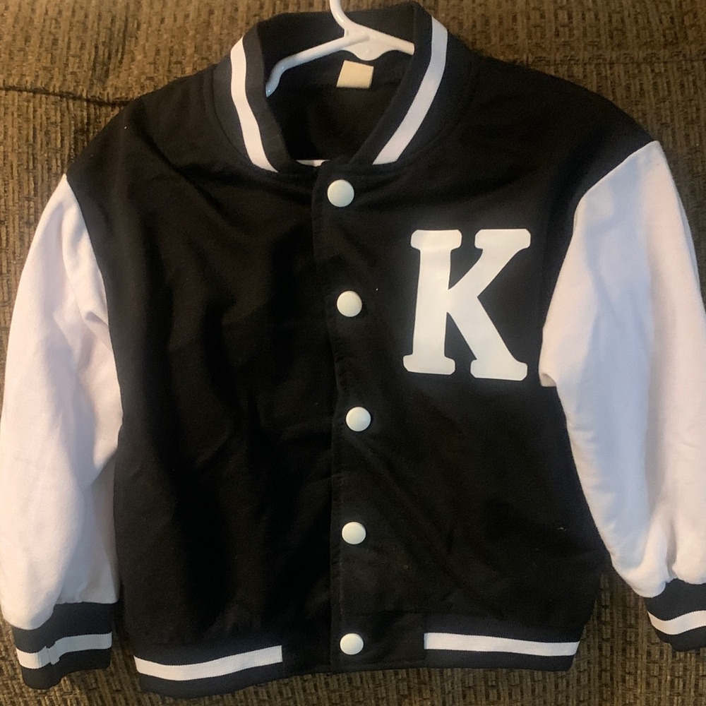 Kids Black and White Varsity Jacket with 'K' Accent